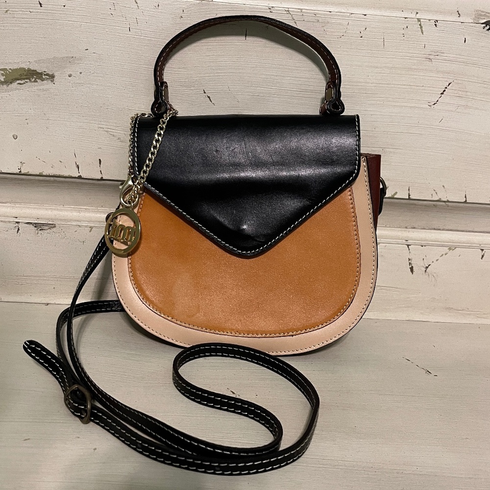 MIA TOMAZZI Genuine Italian Leather Color-Block Cross-Body Saddle Bag Size OS